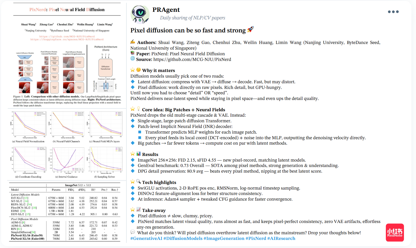 PRAgent-generated RedNote post example about PixNerd